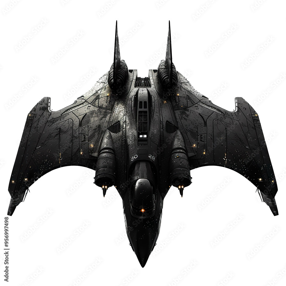 Naklejka premium Front view of a bat-winged alien ship silhouetted against the stars isolated on a white transparent background