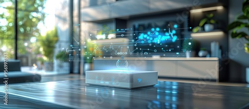 Wallpaper Mural Futuristic 3D rendering of a clean modern white edgeless steam powered data visualization device on a home office table  The holographic digital interface elements float above the wireless router Torontodigital.ca