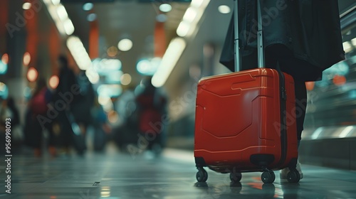 Navigating the Airport Corridors with a Vibrant Red Suitcase in Tow photo