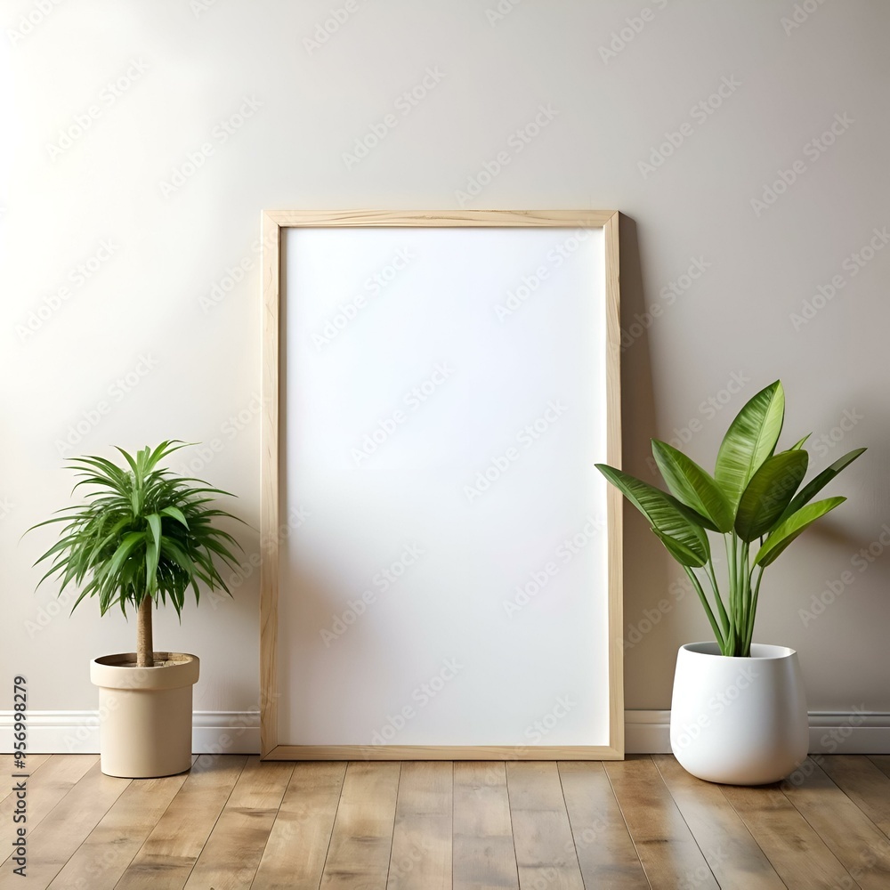 Minimalist mockup of a blank framed canvas leaning against a wall. with two potted plants. Minimalist mockup of a blank framed canvas leaning against a wall. with two potted plants.