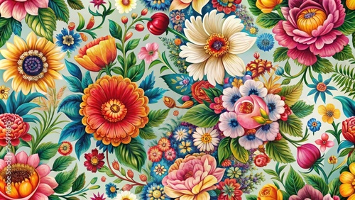 Delicate floral ornaments intricately intertwined in a vibrant, colorful pattern, featuring blooming flowers and foliage, ideal for backgrounds, textiles, or decorative designs.