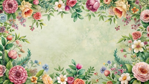 Delicate floral pattern with colorful blooms and lush greenery framing a blank interior, forming a vintage-inspired illustration border with ornate details and subtle texture.