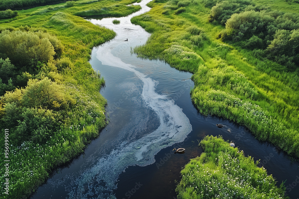 River environment. Aerial perspective, showing a river ecosystem representing the Nature Restoration Law by the European Union. River environment. Aerial perspective, showing a river ecosystem representing the Nature Restoration Law by the European Union.