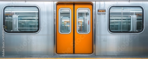 Closed subway doors with reflections, New York City underground transportation, gritty urban scene