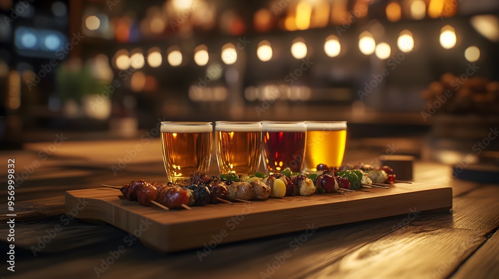 A pub scene with warm wood accents and 3D-rendered craft beer flights paired with gourmet skewers A pub scene with warm wood accents and 3D-rendered craft beer flights paired with gourmet skewers