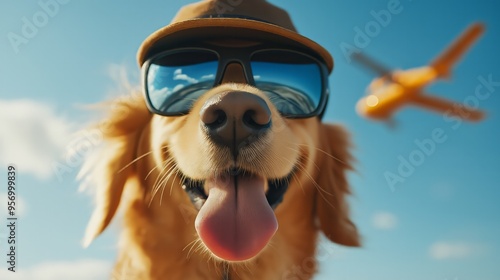 Golden Retriever Dog Wearing Sunglasses and Hat photo