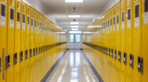 Sunlit school hallway  rows of yellow lockers  pristine and orderly academic space