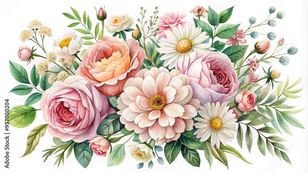 Delicate, hand-drawn bouquet of colorful mixed flowers, including roses, peonies, and daisies, adorned with lush greenery and softly illustrated elements, set against a white background. Delicate, hand-drawn bouquet of colorful mixed flowers, including roses, peonies, and daisies, adorned with lush greenery and softly illustrated elements, set against a white background.
