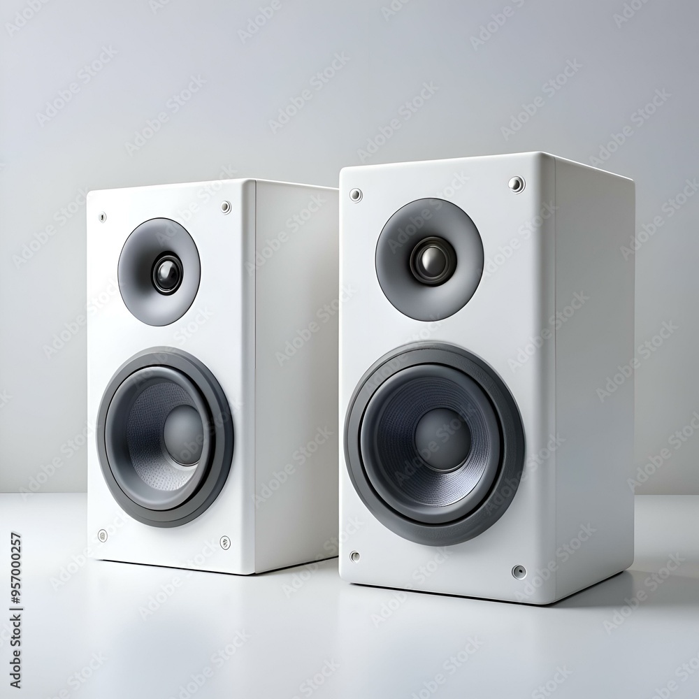 A pair of sleek. white speakers with black drivers. perfect for showcasing audio equipment. music. or home theater setups. A pair of sleek. white speakers with black drivers. perfect for showcasing audio equipment. music. or home theater setups.