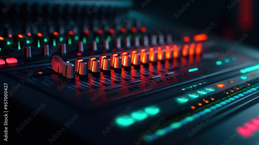 Close-up of a modern audio mixer with illuminated controls and vibrant lights, showcasing the art of sound engineering. Close-up of a modern audio mixer with illuminated controls and vibrant lights, showcasing the art of sound engineering.