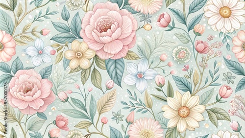 Delicate, hand-drawn floral blooms in soft pastel hues repeat seamlessly in a whimsical, intricate pattern, perfect for backgrounds, fabrics, or stationery designs.