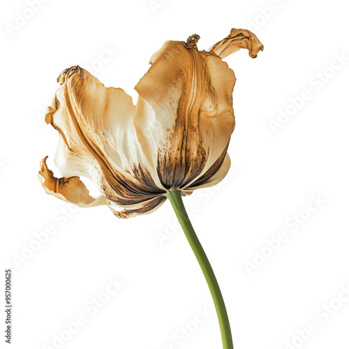 Close-up image of a withered, dried flower with brown petals and a green stem, isolated on a white background.