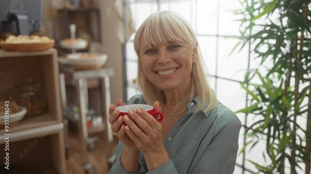 Woman drinking coffee indoors at a bakery, holding a red cup, smiling, middle-aged, caucasian, blonde, surrounded by greenery and baked goods in a cozy cafe setting. Woman drinking coffee indoors at a bakery, holding a red cup, smiling, middle-aged, caucasian, blonde, surrounded by greenery and baked goods in a cozy cafe setting.