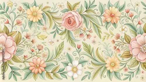 Wallpaper Mural Delicate, hand-drawn floral patterns adorn a vintage-inspired border, featuring blooming flowers, leaves, and swirling tendrils in a soft, pastel color palette, perfect for elegant designs. Torontodigital.ca