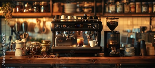 Over the shoulder view of a professional home barista s meticulously curated coffee making setup featuring a high end espresso machine an assortment of freshly roasted coffee beans photo