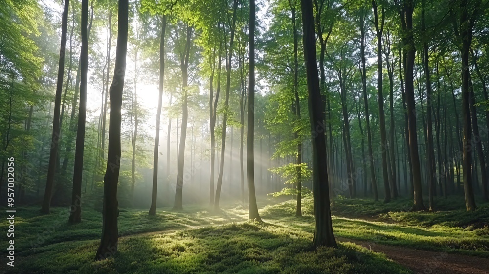 Fototapeta premium Sunbeams shining through the trees in a misty forest.