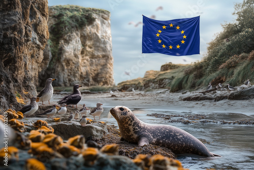 Coast environment with a seal and birds in the foreground. European Union flag representing the Nature Restoration Law by the European Union. photo