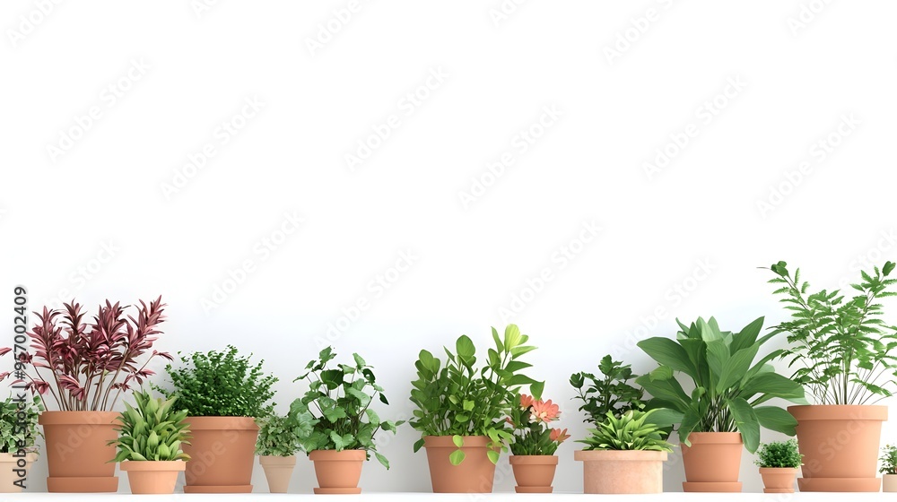Closeup of Vibrant Lush Botanical Garden Nursery with Flowering Plants and Terracotta Pots on Minimalist White Backdrop Closeup of Vibrant Lush Botanical Garden Nursery with Flowering Plants and Terracotta Pots on Minimalist White Backdrop