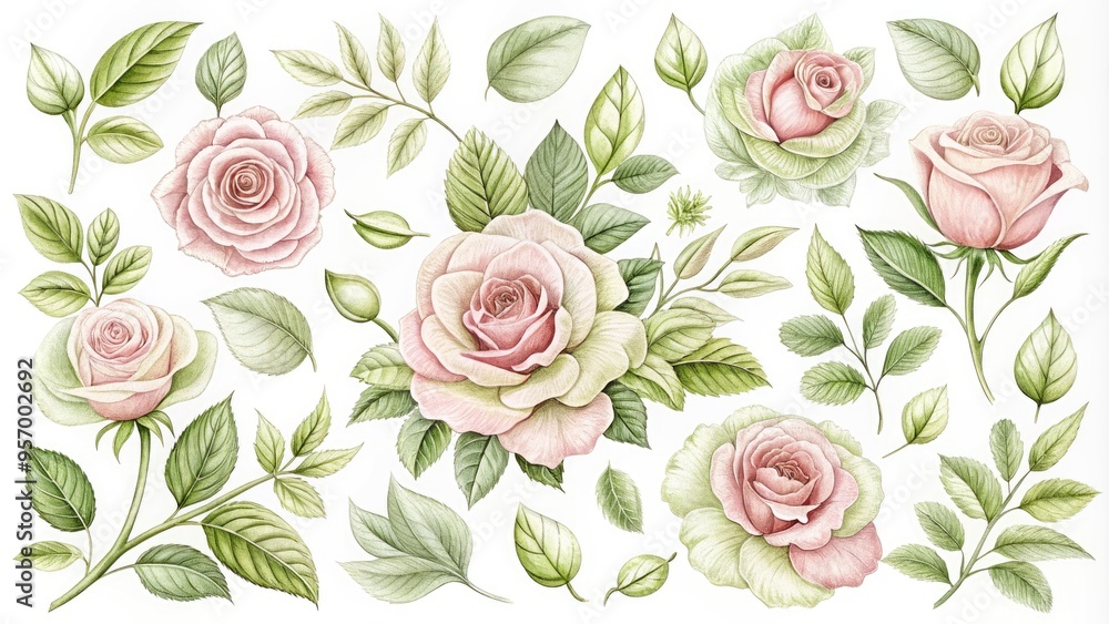 Delicate, hand-drawn rose illustrations in soft pink and green hues, intertwined with intricate floral patterns, perfect for romantic and elegant scrapbooking designs. Delicate, hand-drawn rose illustrations in soft pink and green hues, intertwined with intricate floral patterns, perfect for romantic and elegant scrapbooking designs.