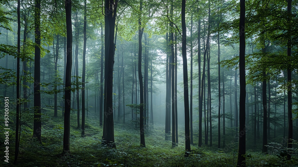 Misty forest with tall trees and green foliage, creating an ethereal and tranquil atmosphere. Misty forest with tall trees and green foliage, creating an ethereal and tranquil atmosphere.