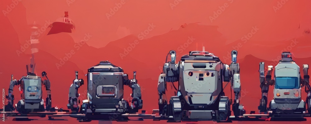 Fototapeta premium row robots standing in front red background