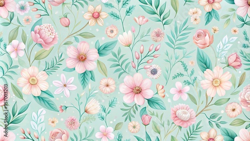 Wallpaper Mural Delicate, hand-painted floral motifs in soft pastel hues repeat seamlessly in a whimsical, dreamy design, perfect for backgrounds, textiles, or packaging. Torontodigital.ca
