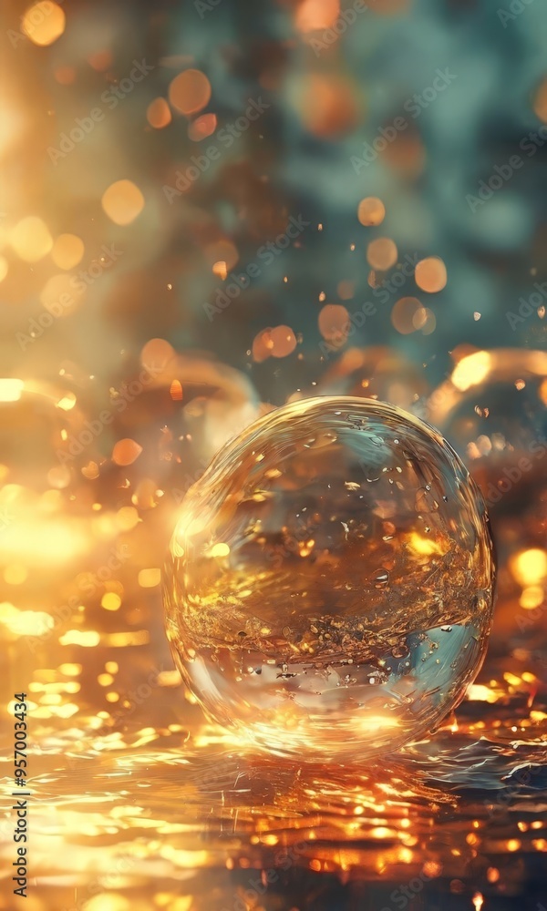 glass ball floating on surface with bright background glass ball floating on surface with bright background