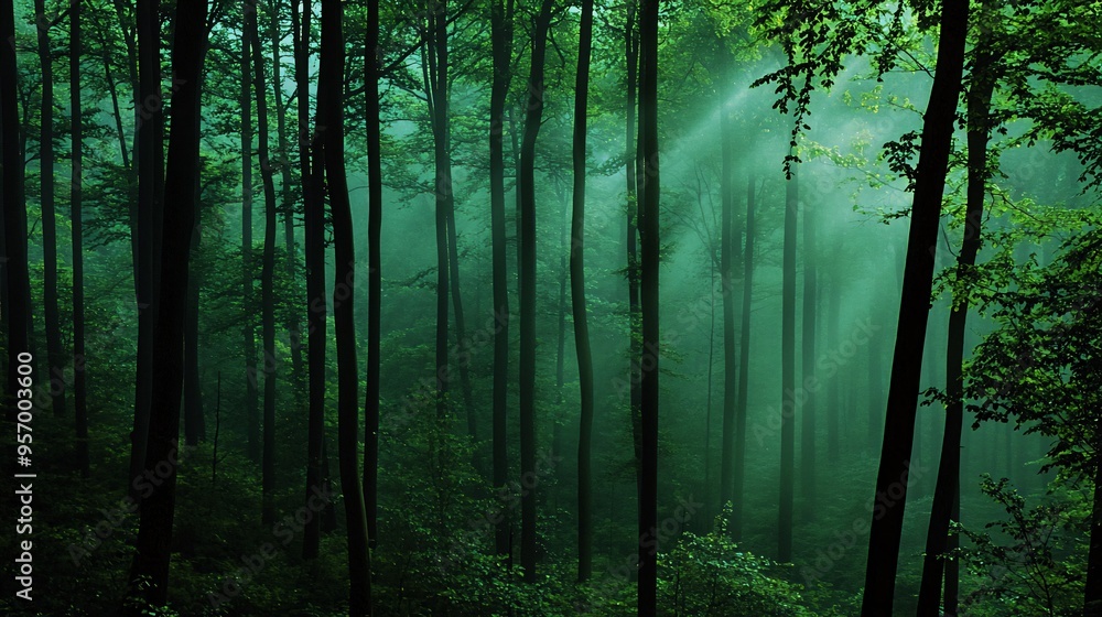 A misty forest with sunlight streaming through the trees, creating a magical atmosphere. A misty forest with sunlight streaming through the trees, creating a magical atmosphere.