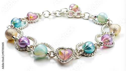 Delicate heart-shaped beaded bracelet features intricate patterns of pastel-colored glass beads on a silver-toned chain, perfect for romantic gestures or personal accessory statements.