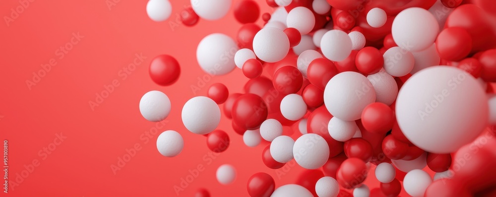 Vibrant abstract composition featuring red and white spheres against a smooth coral background, ideal for modern design projects. Vibrant abstract composition featuring red and white spheres against a smooth coral background, ideal for modern design projects.