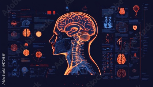 A background of a monographic display showing various medical images, including brain scans and icons The color scheme is dark blue with hints of orange Generative AI
