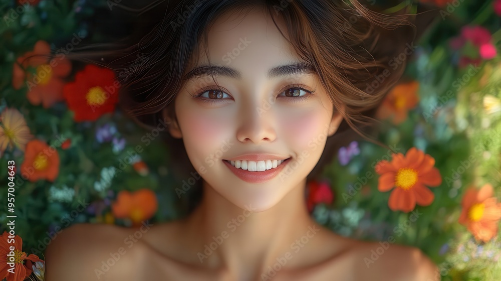 ethereal portrait of smiling asian woman lying in vibrant wildflower meadow soft natural light enhancing serene expression ethereal portrait of smiling asian woman lying in vibrant wildflower meadow soft natural light enhancing serene expression