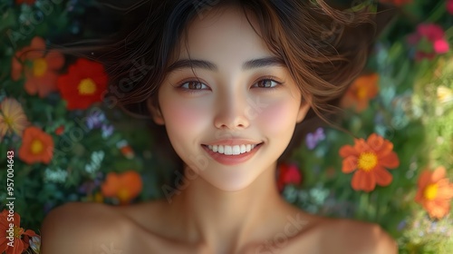 ethereal portrait of smiling asian woman lying in vibrant wildflower meadow soft natural light enhancing serene expression