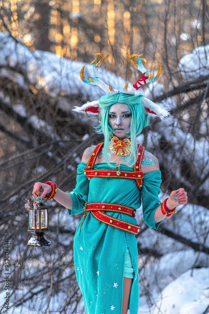 Christmas deer girl looking for gifts for Santa in winter in the forest Christmas deer girl looking for gifts for Santa in winter in the forest