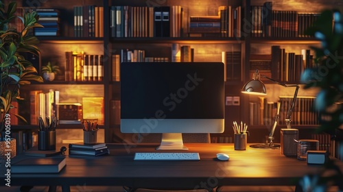 Wallpaper Mural Elegant office design featuring a high-end computer on a dark desk, with warm, soft lighting. Torontodigital.ca