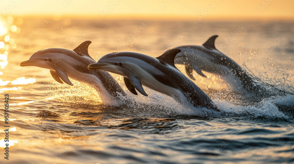 Obraz premium Dolphins Jumping at Sunset - Ocean Wildlife Photography