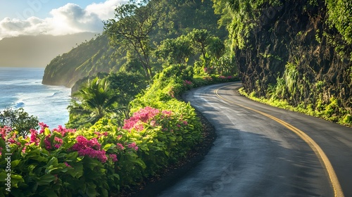 Close-up of the Road to Hana, with the road curving around a dramatic cliffside, lush tropical plants growing along the edges, vibrant flowers in bloom, dappled sunlight creating intricate shadows,