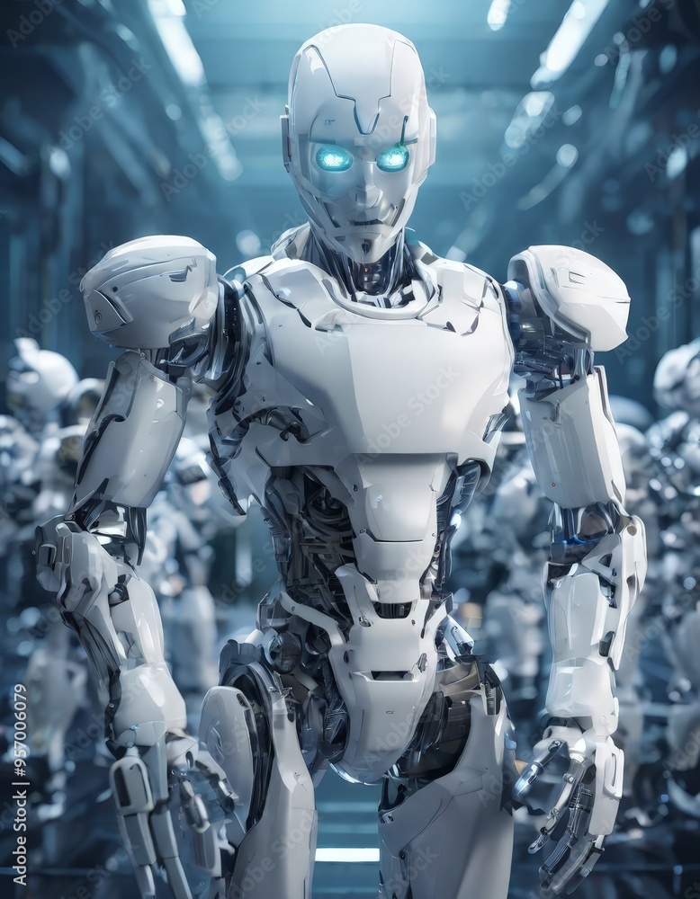 robot standing in room with robots robot standing in room with robots