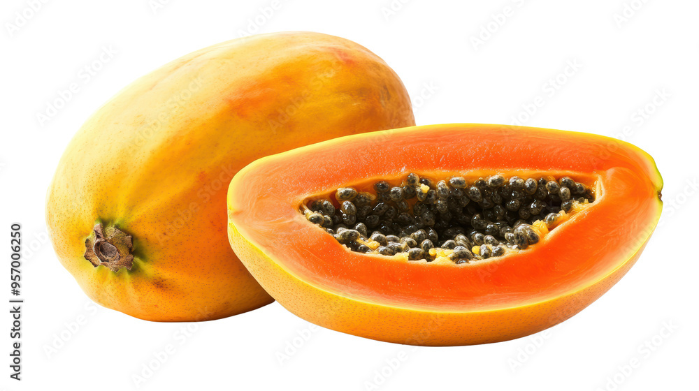 A vibrant papaya is sliced open to reveal juicy orange flesh and shiny black seeds. This image evokes feelings of tropical freshness and is perfect for showcasing healthy eating. A vibrant papaya is sliced open to reveal juicy orange flesh and shiny black seeds. This image evokes feelings of tropical freshness and is perfect for showcasing healthy eating.