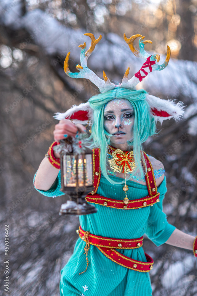Christmas deer girl looking for gifts for Santa in winter in the forest Christmas deer girl looking for gifts for Santa in winter in the forest