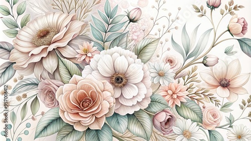 Delicate illustration of blooming flowers intertwined with elegant line art design elements, featuring intricate patterns and subtle textures in a soft, pastel color palette.