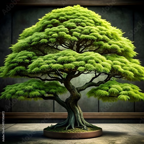 A stunning 3D illustration of a majestic lacebark pine bonsai. showcasing the intricate details of its delicate foliage and gnarled trunk. photo