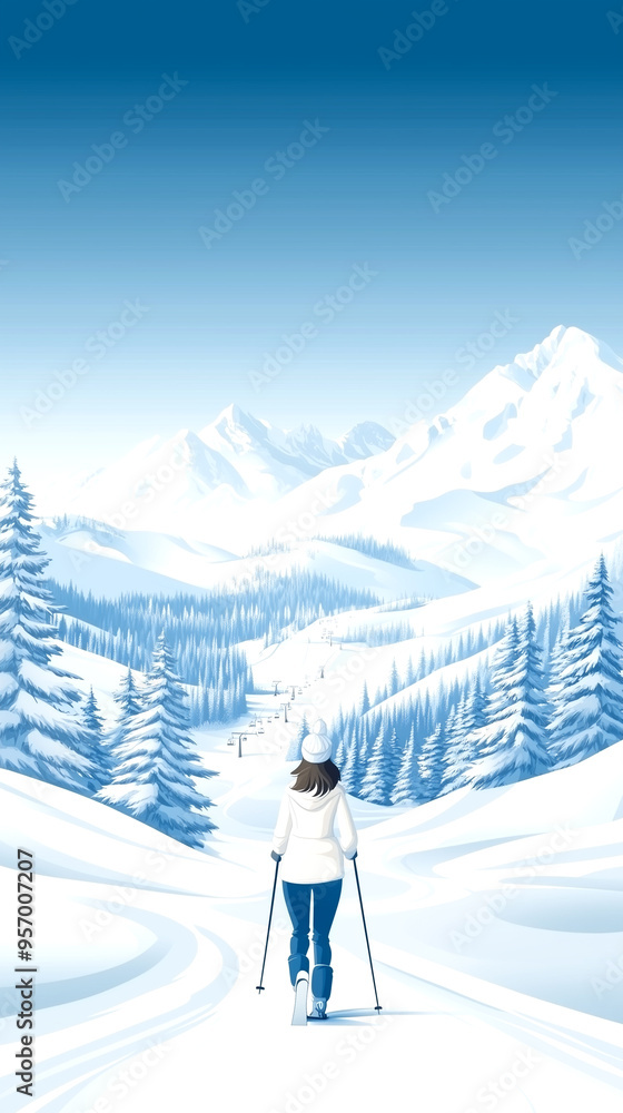 A woman is skiing down a snowy mountain slope. The scene is peaceful and serene, with the snow-covered landscape and the woman's skis gliding effortlessly through the snow A woman is skiing down a snowy mountain slope. The scene is peaceful and serene, with the snow-covered landscape and the woman's skis gliding effortlessly through the snow
