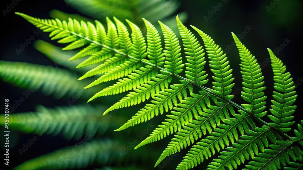 Delicate, intricate fern fronds unfold in a lush, emerald green display, showcasing nature's precise, microscopic beauty in a stunning, up-close, high-contrast photograph. Delicate, intricate fern fronds unfold in a lush, emerald green display, showcasing nature's precise, microscopic beauty in a stunning, up-close, high-contrast photograph.