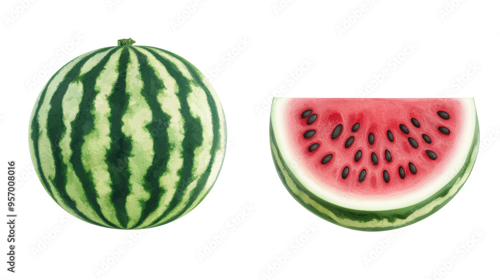Fresh watermelon with vibrant green stripes and juicy red interior, perfect for summer enjoyment. Fresh watermelon with vibrant green stripes and juicy red interior, perfect for summer enjoyment.