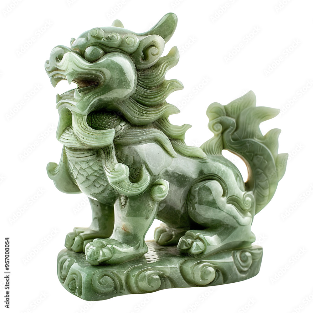 Front view of a mystical jade Qilin statue kept in product photography style isolated on a white transparent background Front view of a mystical jade Qilin statue kept in product photography style isolated on a white transparent background