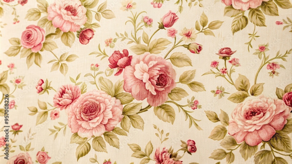 Fototapeta Delicate, intricately designed rose pattern adorns a vintage-inspired, soft-focus textile with subtle sheen, evoking classic romance and elegance in a warm, inviting atmosphere.