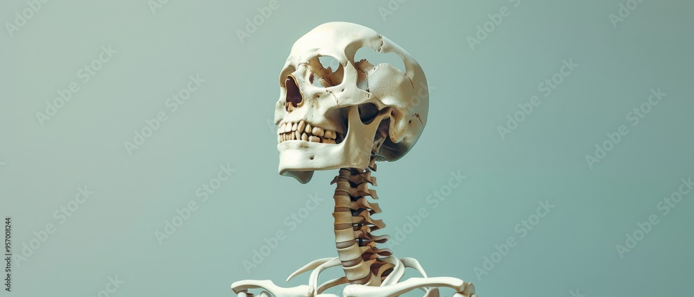 A detailed, artistic photograph of a human skull with a visible spine ...