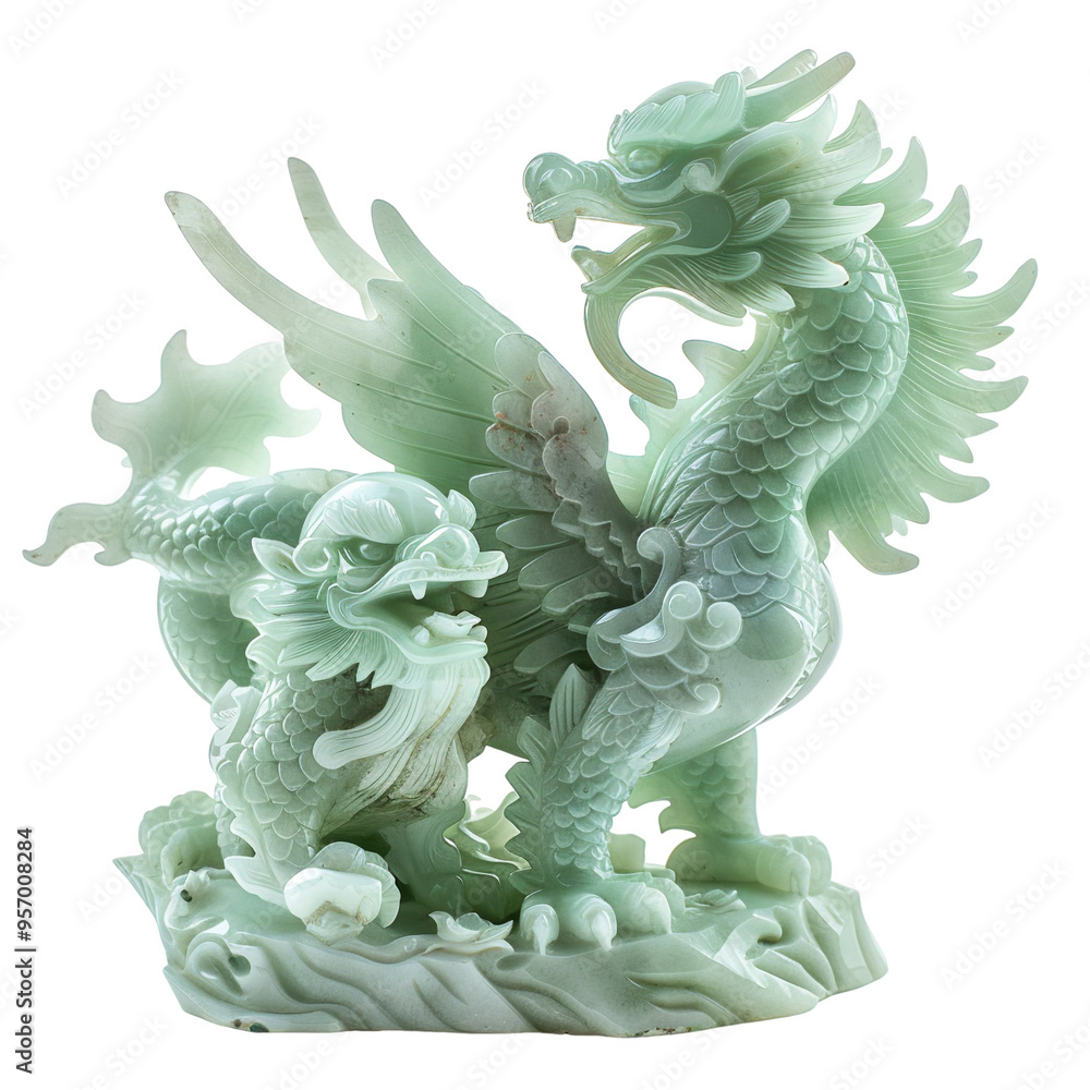 Front view of a radiant jade phoenix and dragon statue kept in product photography style isolated on a white transparent background Front view of a radiant jade phoenix and dragon statue kept in product photography style isolated on a white transparent background