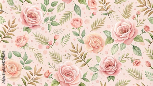 Delicate, intricately designed rose pattern on a soft, pastel pink background, adorned with subtle florals and leaves, perfect for crafts, scrapbooking, and DIY projects.